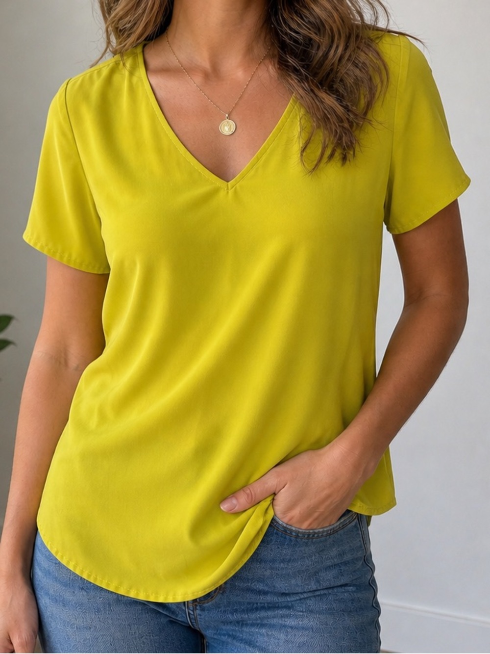 Calvin Klein Bright Yellow V-Neck Blouse NWT Size Large